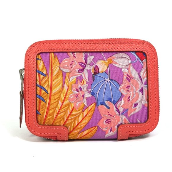 HERMES Soi Cool Flamingo Party Bifold Wallet Round Coin Case Silk/Epson Wo...